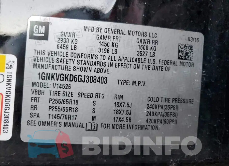 1GNKVGKD6GJ308403 Photo# 13