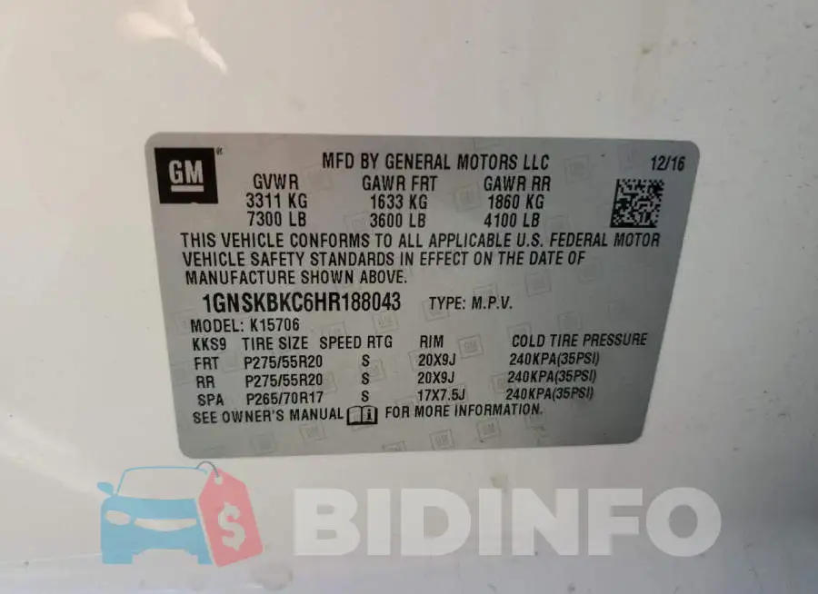 1GNSKBKC6HR188043 Photo# 10