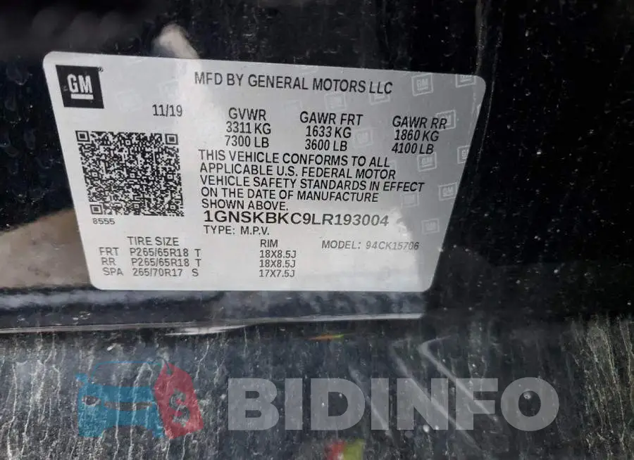 1GNSKBKC9LR193004 Photo# 13