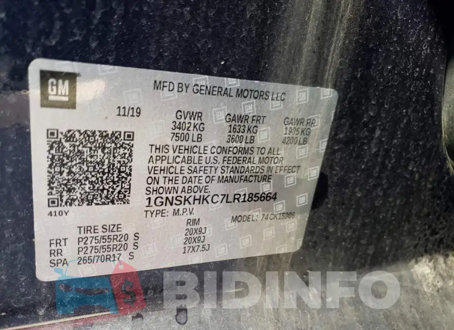 1GNSKHKC7LR185664 Photo# 10