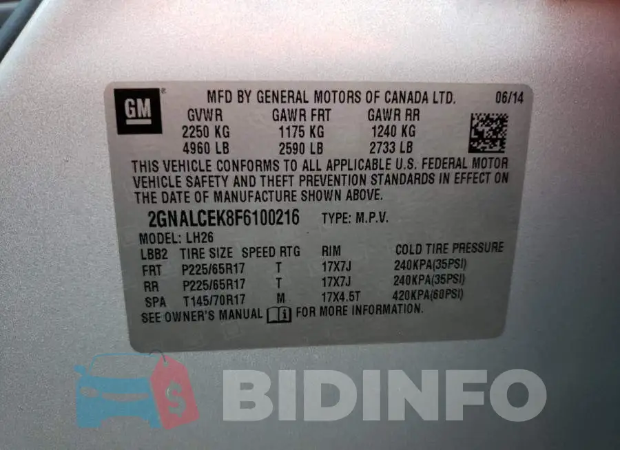 2GNALCEK8F6100216 Photo# 13