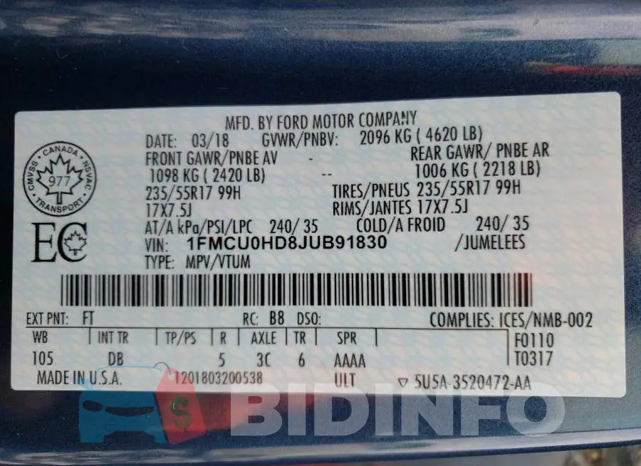 1FMCU0HD8JUB91830 Photo# 14