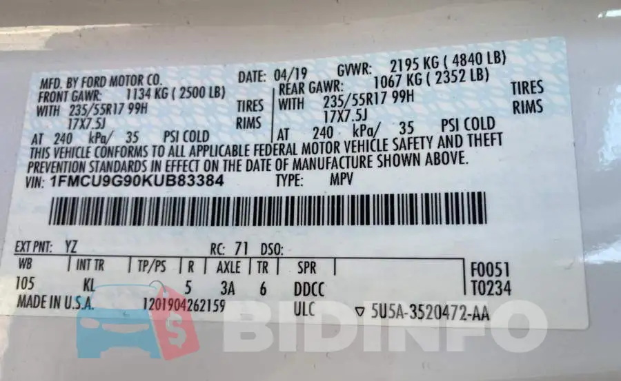 1FMCU9G90KUB83384 Photo# 10