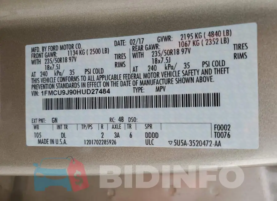 1FMCU9J90HUD27484 Photo# 14