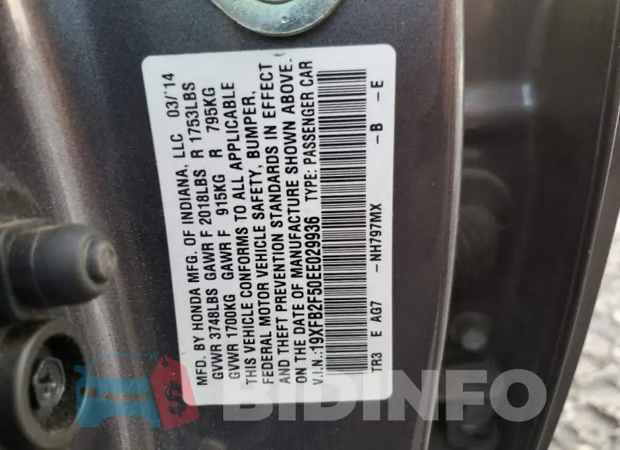 19XFB2F50EE029936 Photo# 12