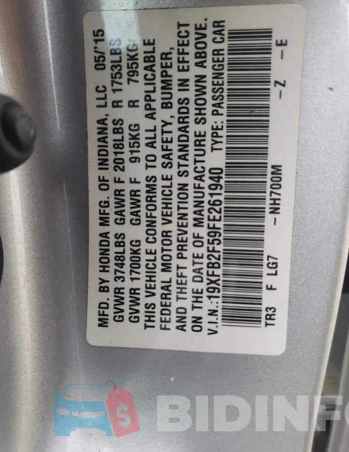 19XFB2F59FE261940 Photo# 12