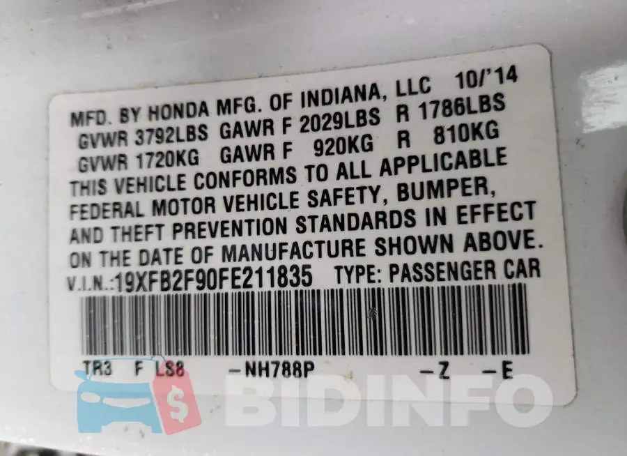 19XFB2F90FE211835 Photo# 12