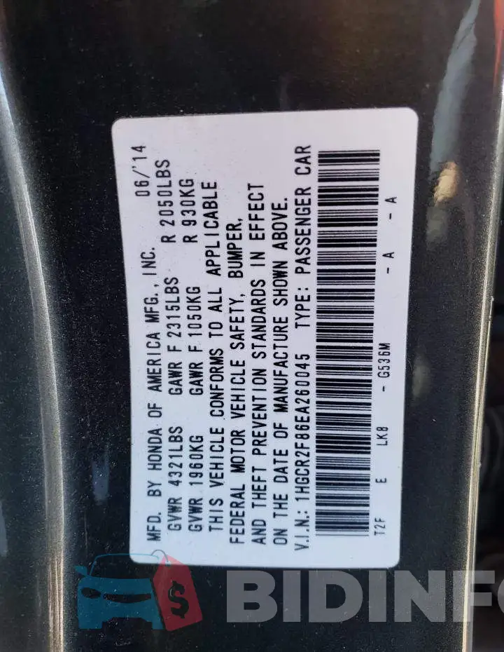 1HGCR2F86EA260045 Photo# 13