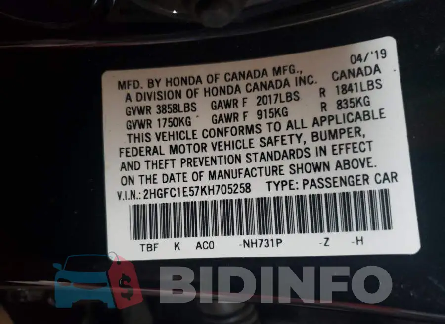 2HGFC1E57KH705258 Photo# 12