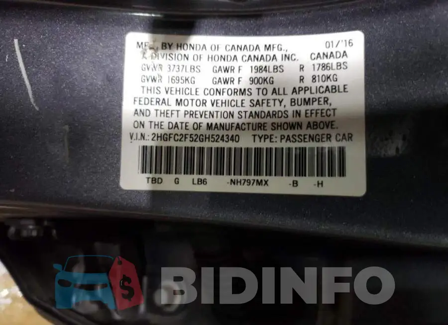 2HGFC2F52GH524340 Photo# 12