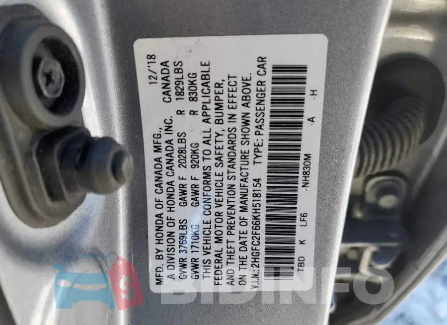 2HGFC2F66KH518154 Photo# 12