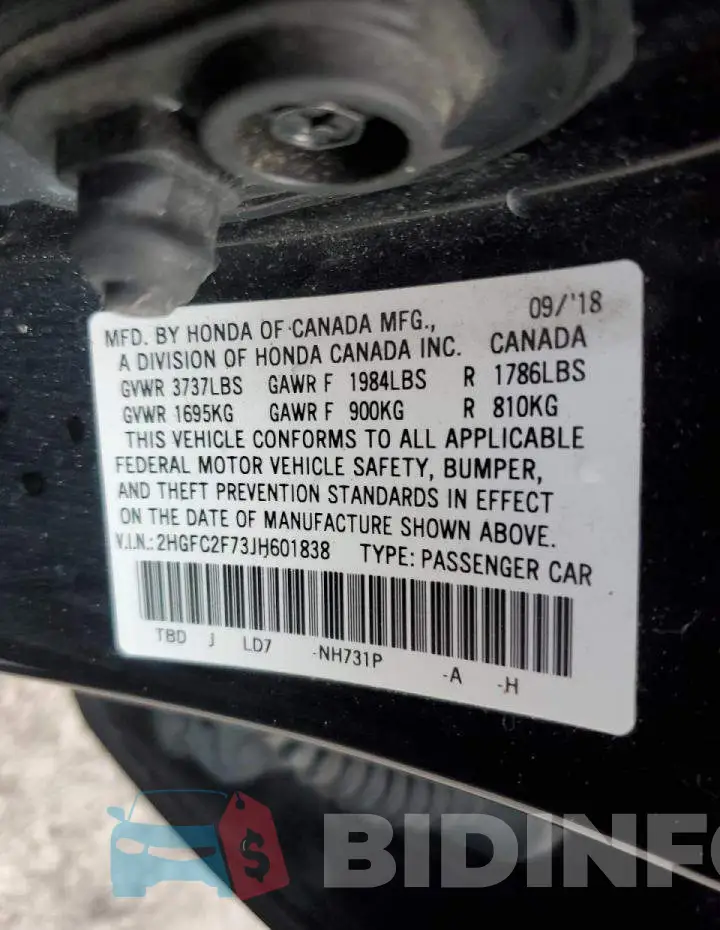 2HGFC2F73JH601838 Photo# 12