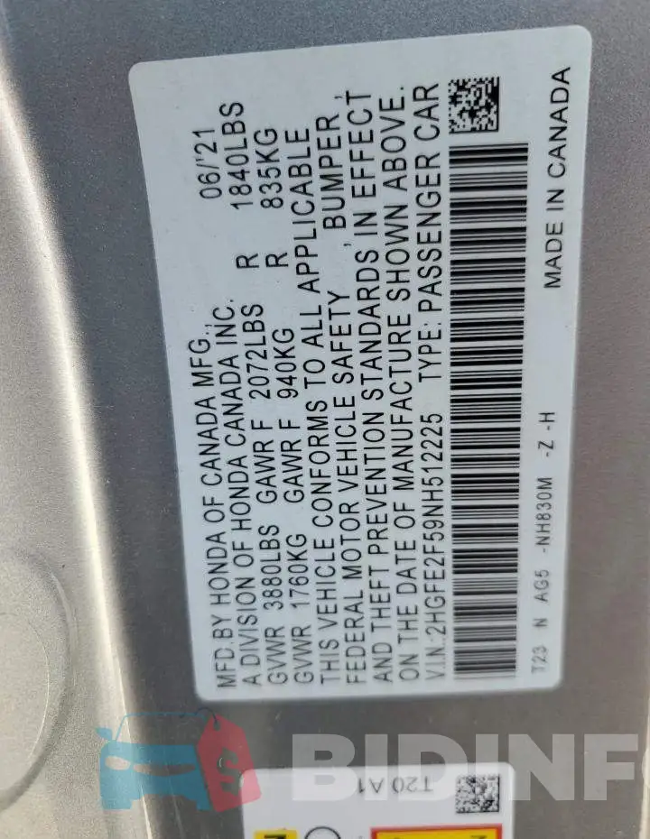 2HGFE2F59NH512225 Photo# 10
