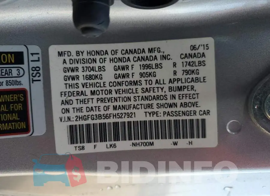 2HGFG3B56FH527921 Photo# 12