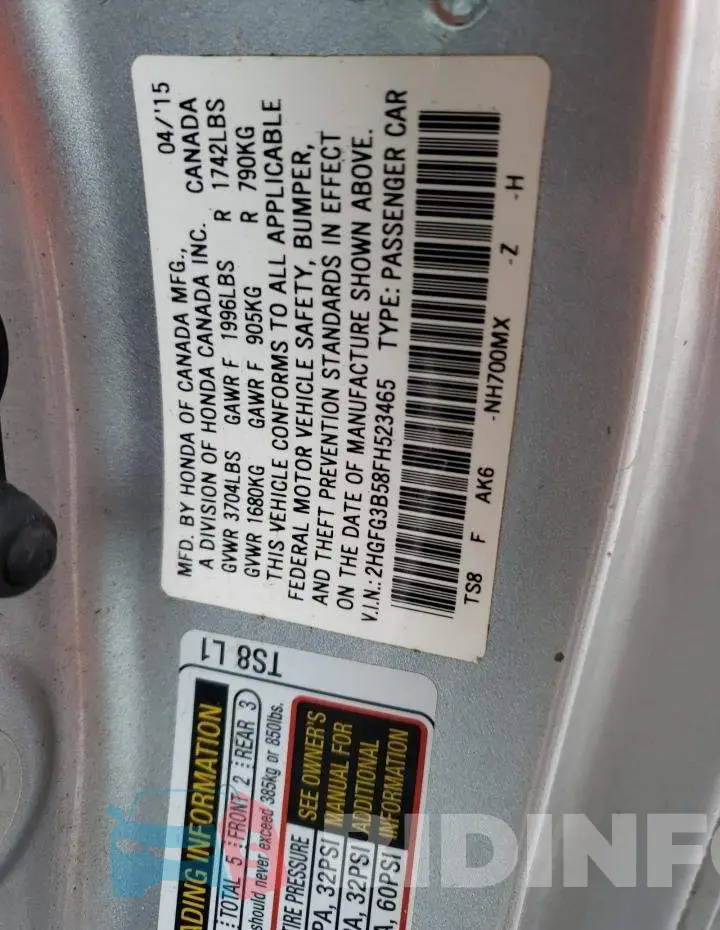 2HGFG3B58FH523465 Photo# 12