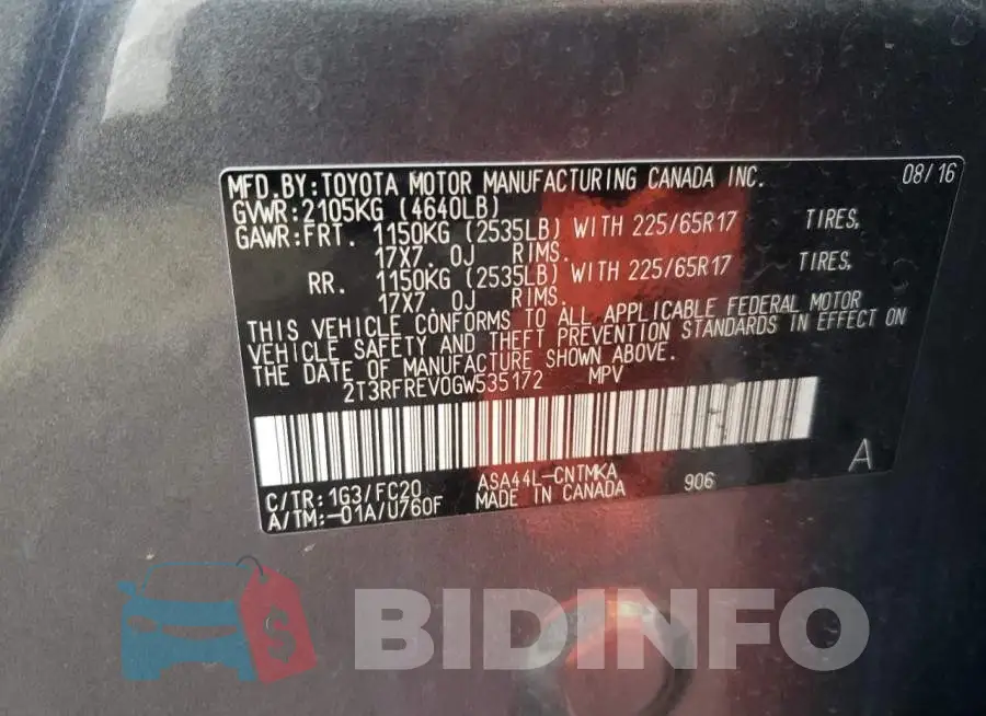 2T3RFREV0GW535172 Photo# 13