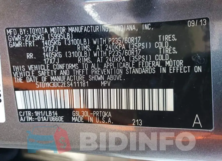 5TDYK3DC2ES411181 Photo# 14