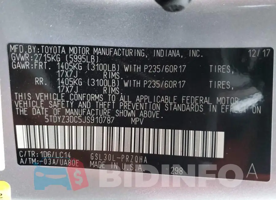 5TDYZ3DC5JS910787 Photo# 14