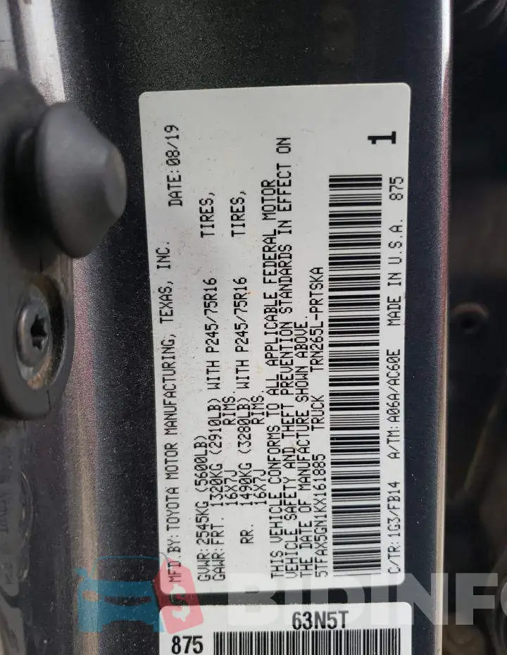 5TFAX5GN1KX161885 Photo# 12