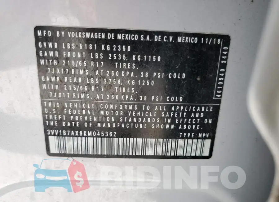 3VV1B7AX9KM045362 Photo# 13