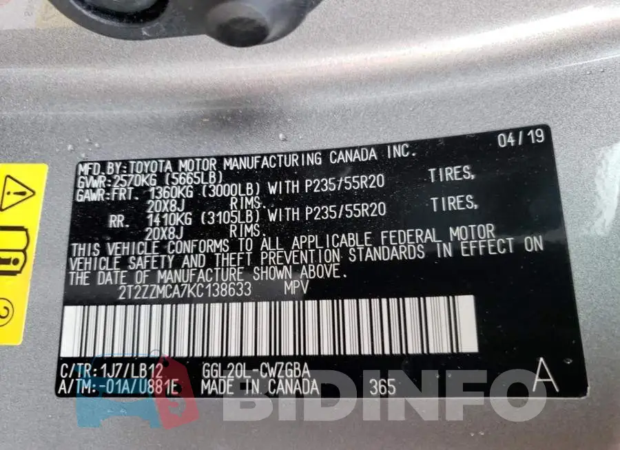 2T2ZZMCA7KC138633 Photo# 12