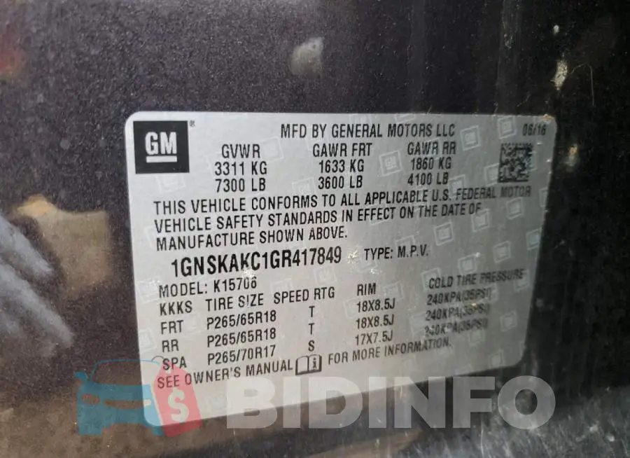 1GNSKAKC1GR417849 Photo# 10