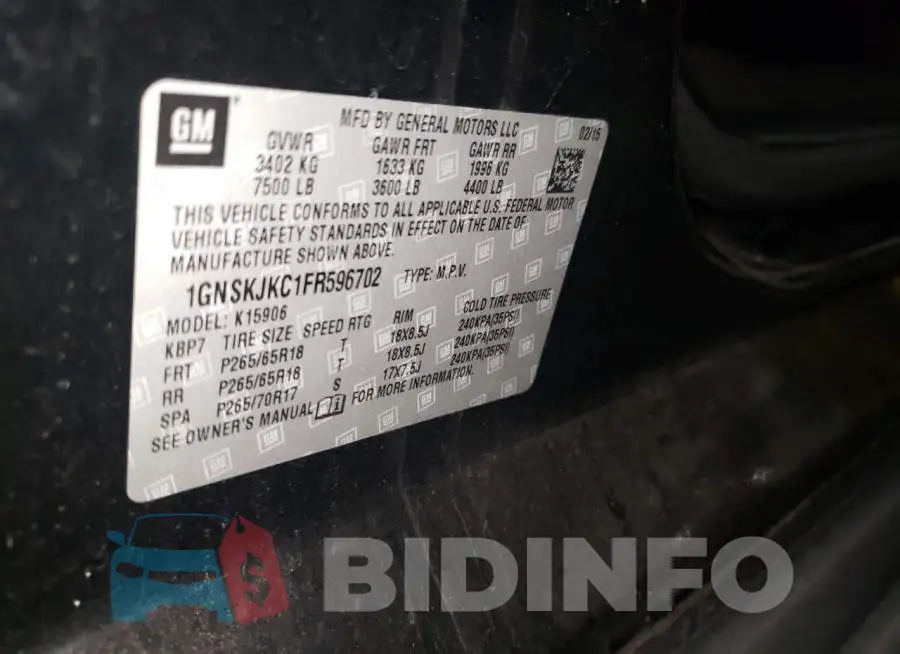 1GNSKJKC1FR596702 Photo# 10