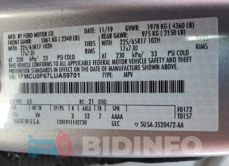 1FMCU0F67LUA59701 Photo# 14