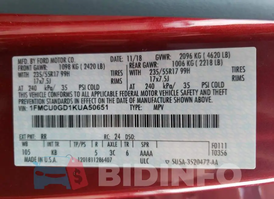 1FMCU0GD1KUA50651 Photo# 10