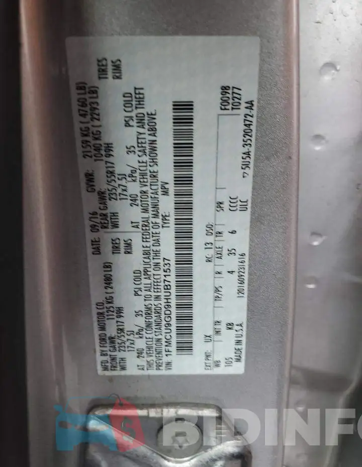 1FMCU9GD9HUB71537 Photo# 12