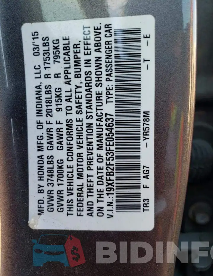19XFB2F53FE054637 Photo# 13