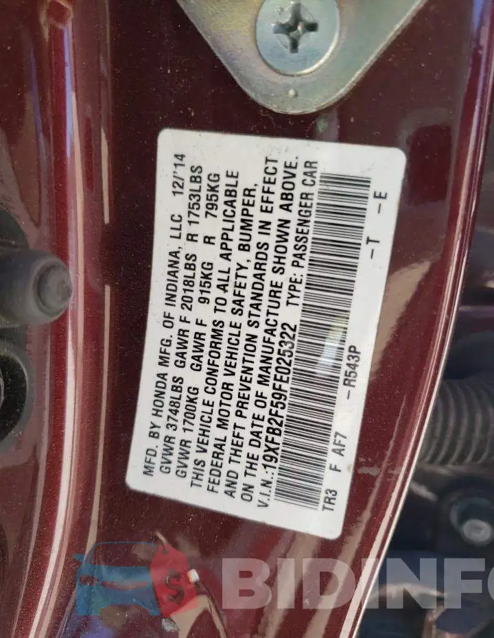 19XFB2F59FE025322 Photo# 12