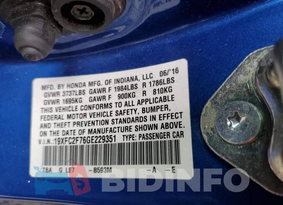 19XFC2F76GE229351 Photo# 12
