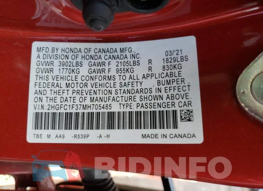 2HGFC1F37MH705485 Photo# 13