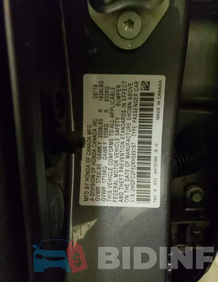 2HGFC2F62KH589187 Photo# 12