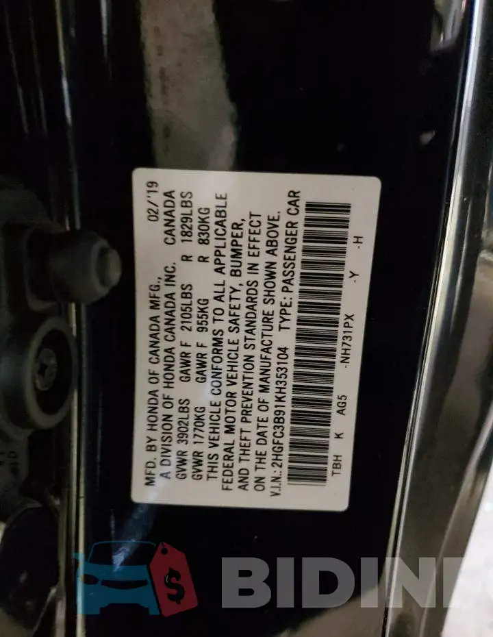 2HGFC3B91KH353104 Photo# 13