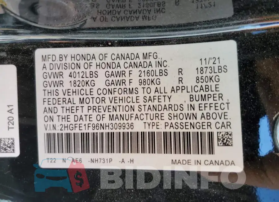 2HGFE1F96NH309936 Photo# 12