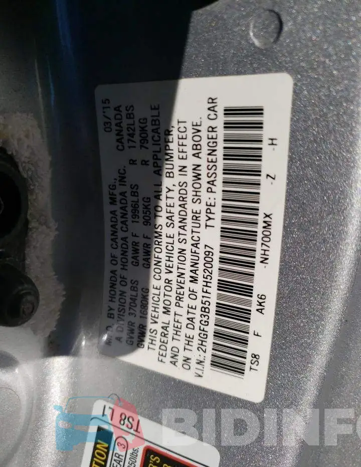2HGFG3B51FH520097 Photo# 12