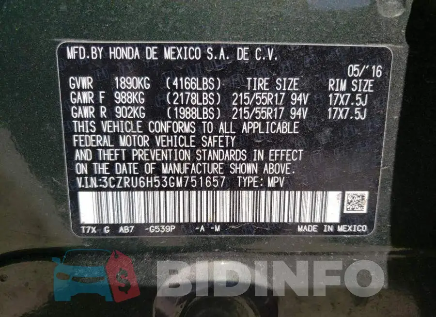 3CZRU6H53GM751657 Photo# 10