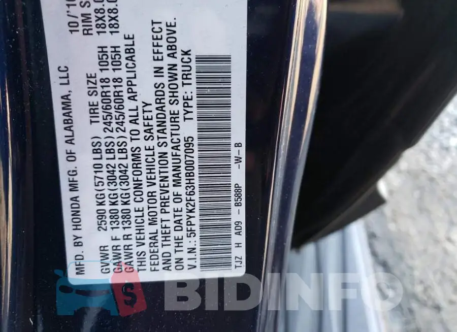 5FPYK2F63HB007095 Photo# 12