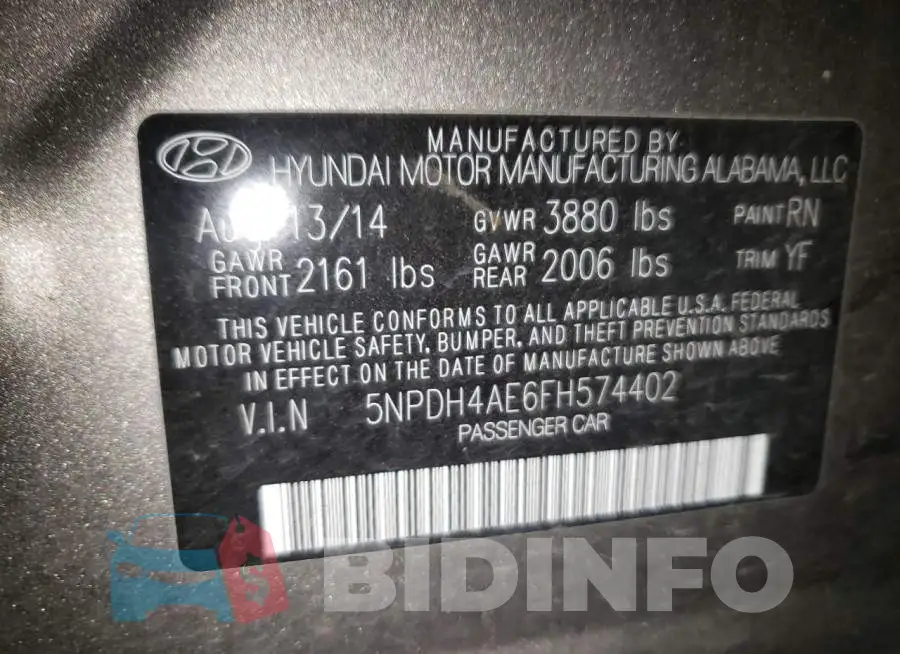 5NPDH4AE6FH574402 Photo# 12