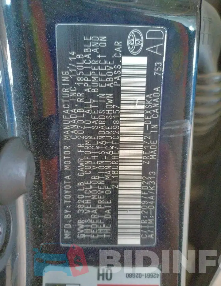 2T1BURHE7FC298157 Photo# 10