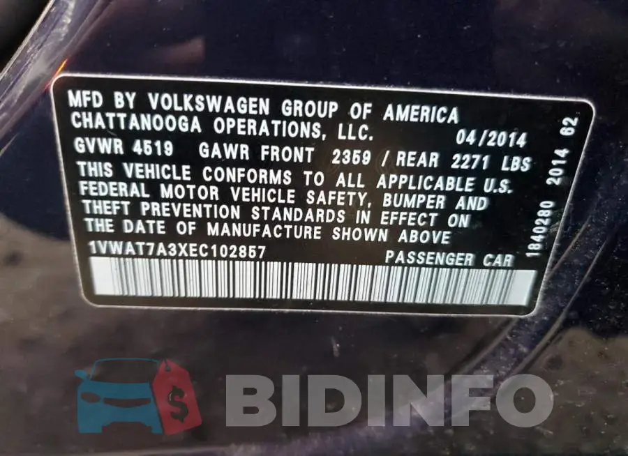 1VWAT7A3XEC102857 Photo# 12