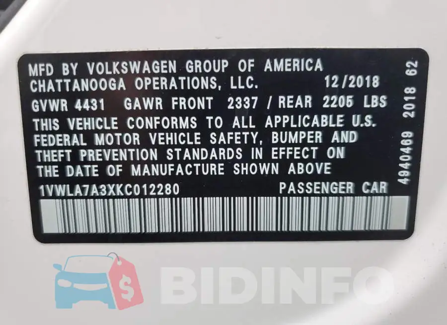 1VWLA7A3XKC012280 Photo# 12