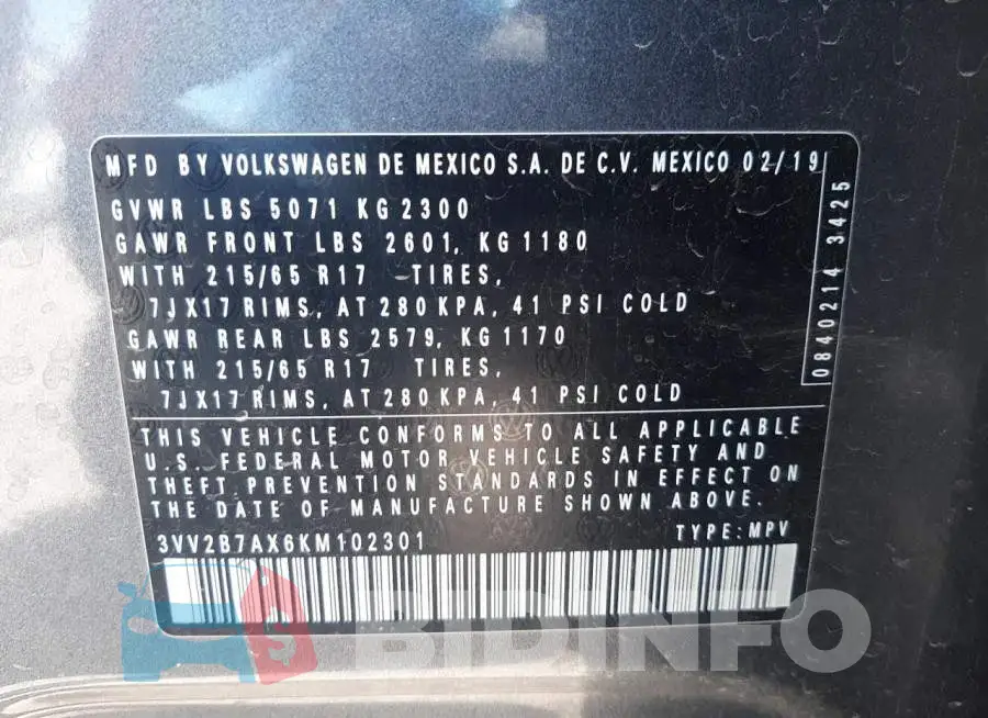 3VV2B7AX6KM102301 Photo# 10