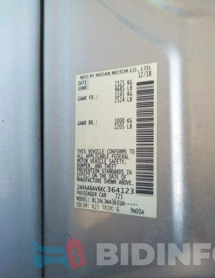 1N4AA6AV6KC364123 Photo# 12
