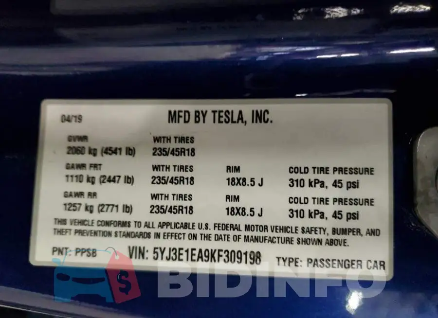 5YJ3E1EA9KF309198 Photo# 12