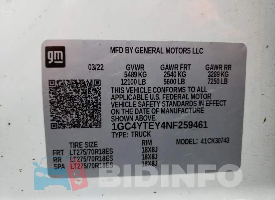 1GC4YTEY4NF259461 Photo# 12