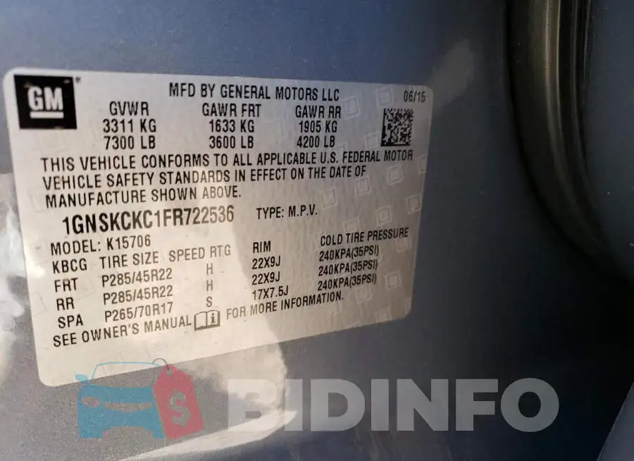 1GNSKCKC1FR722536 Photo# 13