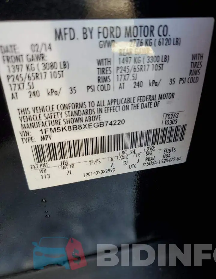 1FM5K8B8XEGB74220 Photo# 14